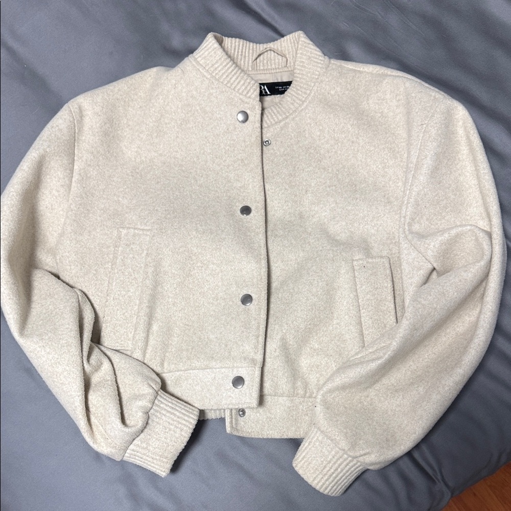 Zara Cream Bomber Jacket with Ribbed Trim